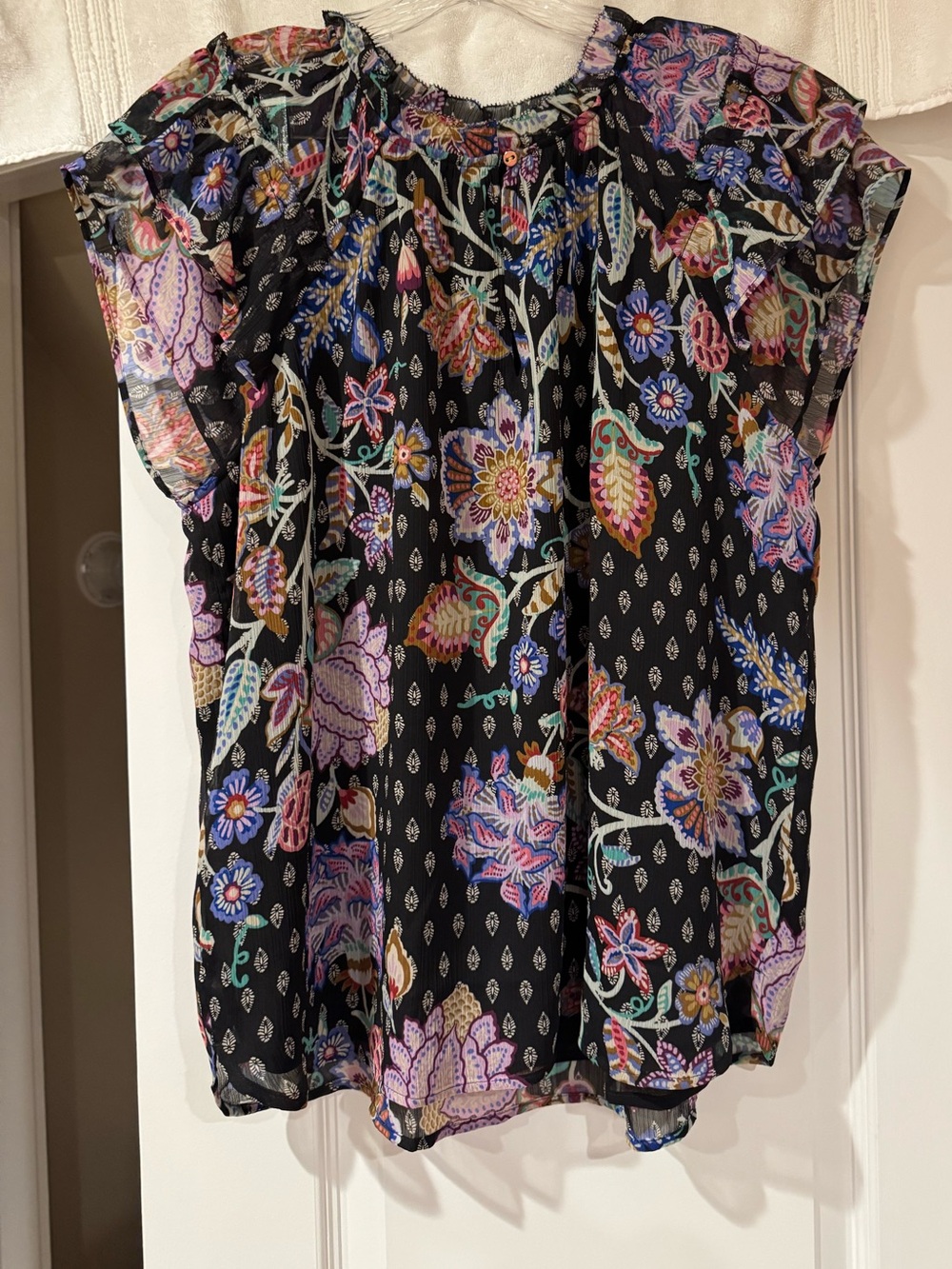 LOFT Black Floral Short Sleeve Peasant Blouse NWOT